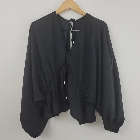 Free People Elouise Black Satin Long Sleeve Blouse Oversized Boho V-Neck Top XS - Picture 2 of 13